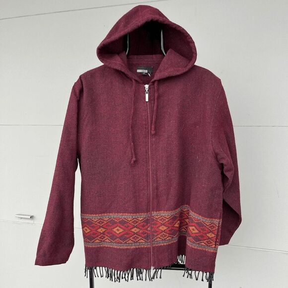 CECIL Hooded Fringe Jacket w/ Southwestern Unisex - Burgundy, Size M - Picture 1 of 7